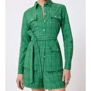 Pearl By Lela Rose Seersucker Plaid Top Women's Green Size Large